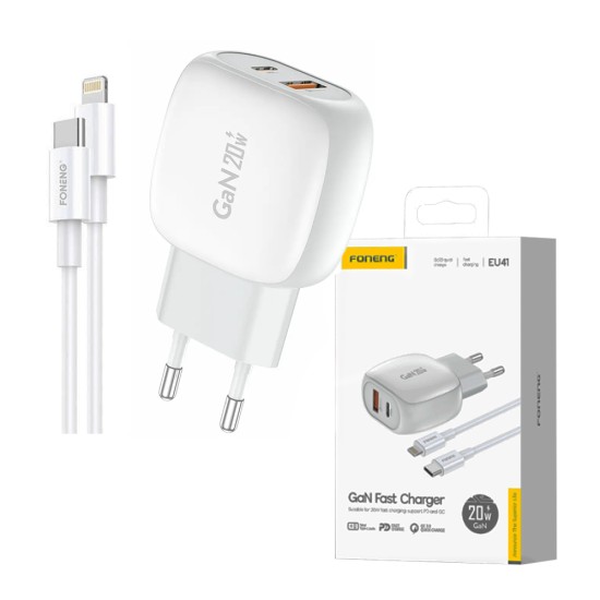 Foneng Charger EU41 Dual Ports (USB A+Type C) PD+QC 20W with Type C to Lightning Cable White